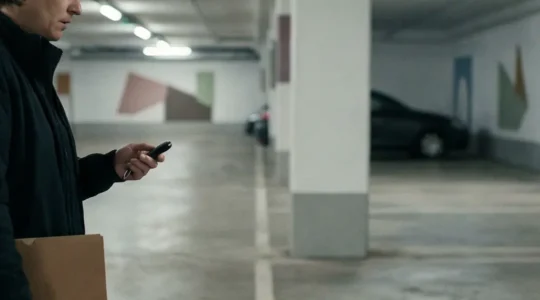 Une personne debout dans un parking regarde un emplacement vide, tenant des cles de voiture, avec un espace libre pour ajouter un titre d article.