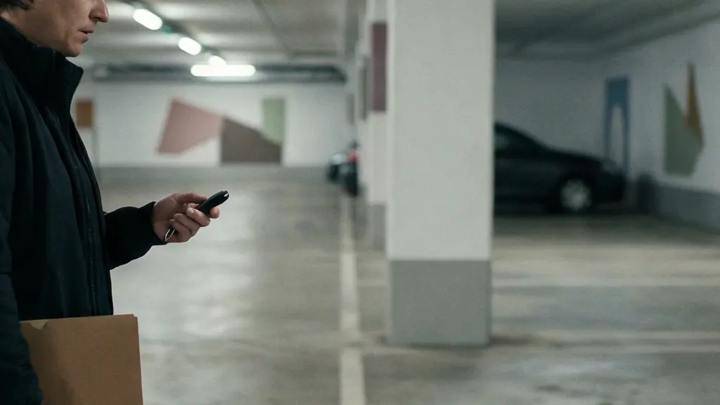 Une personne debout dans un parking regarde un emplacement vide, tenant des cles de voiture, avec un espace libre pour ajouter un titre d article.