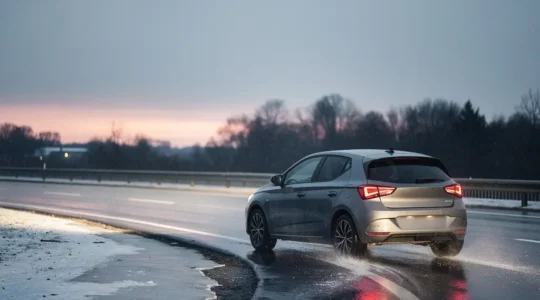 Une voiture aborde une courbe sur une route mouillée et froide, avec une fine pellicule de pluie et des zones de glace, laissant un large espace vide dans le ciel pour un titre.