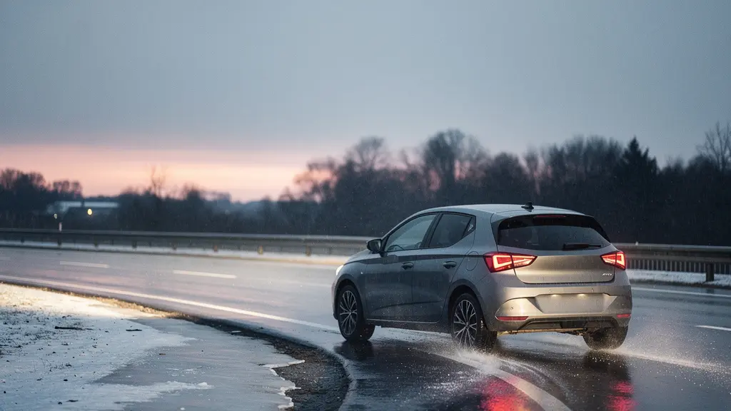 Une voiture aborde une courbe sur une route mouillée et froide, avec une fine pellicule de pluie et des zones de glace, laissant un large espace vide dans le ciel pour un titre.