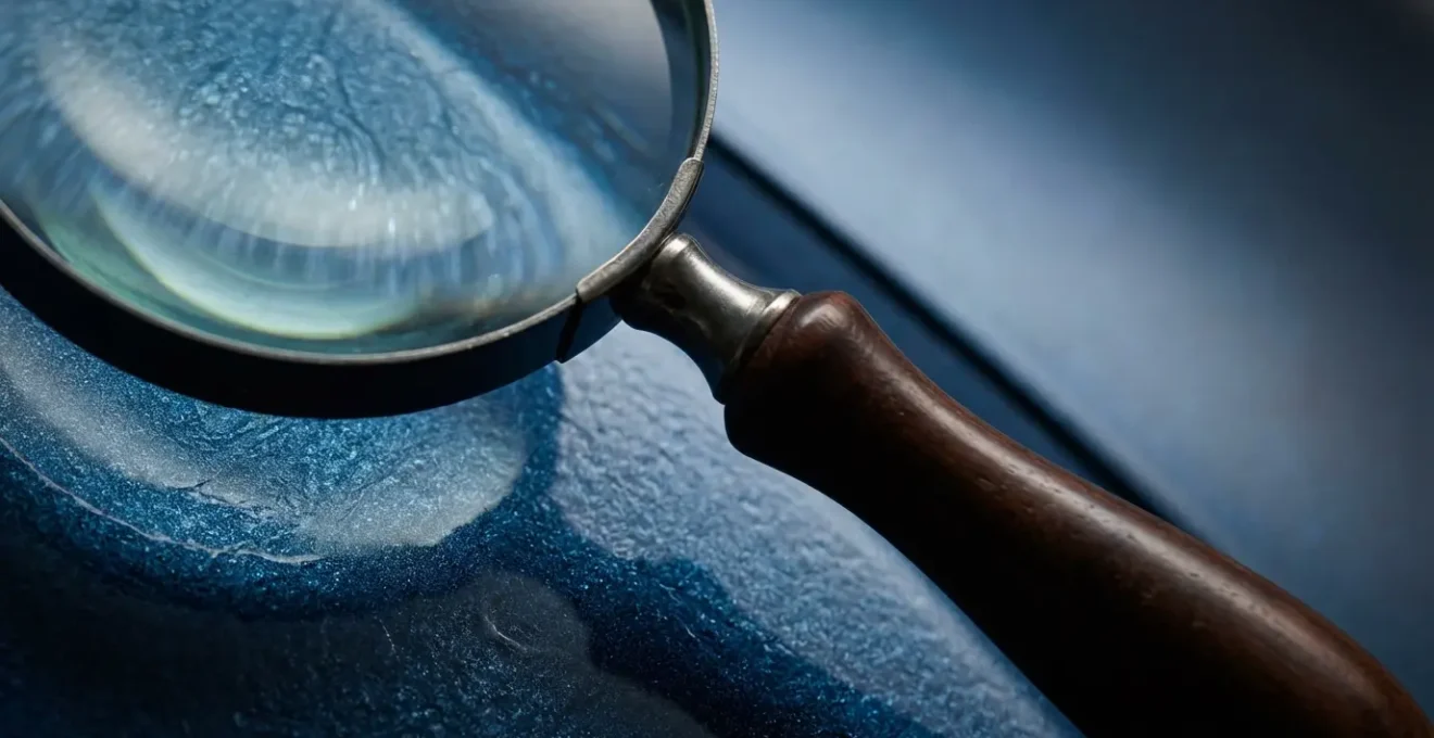 Analyse détaillée de documents d'expertise automobile à l'aide d'une loupe.
