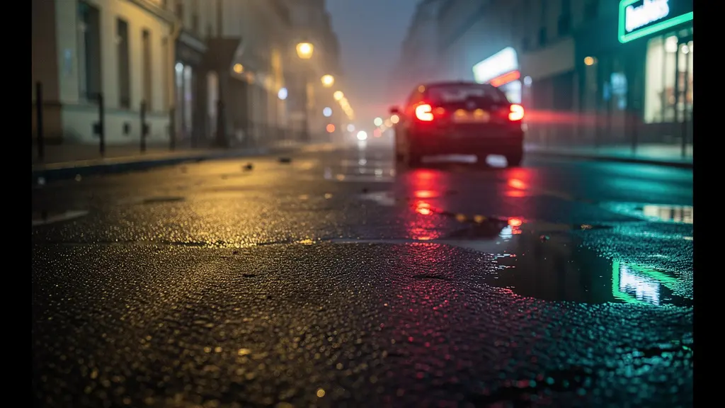 Vue cinématique d'une rue urbaine française la nuit après une averse, reflets des feux arrière sur l'asphalte mouillé, ambiance moody.