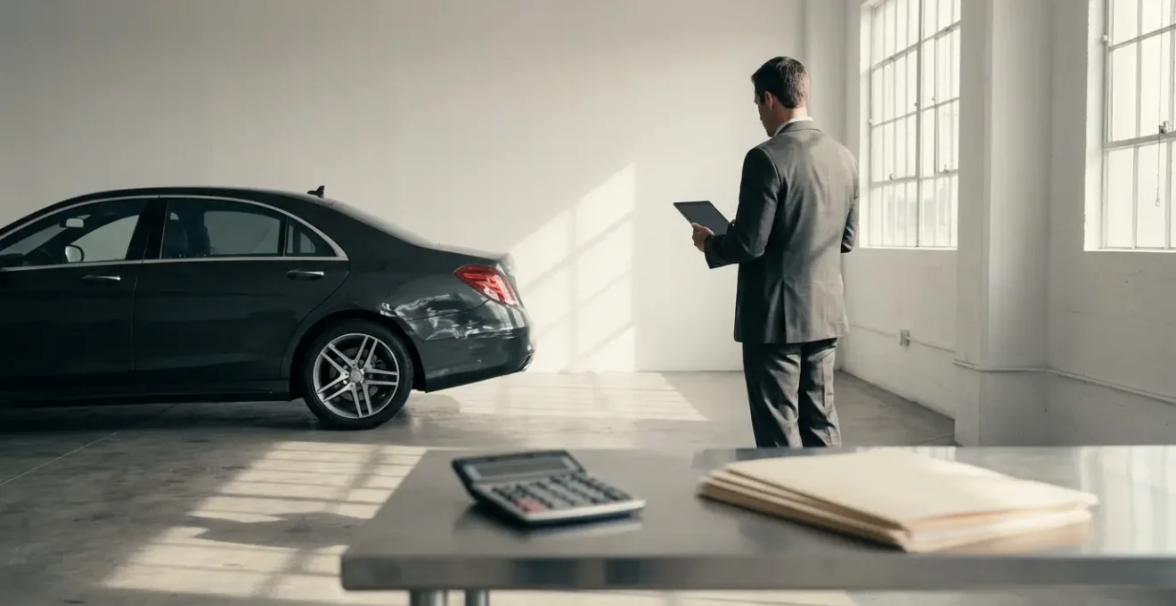 Expert automobile examinant un véhicule accidenté avec documentation et calculatrice pour évaluation des dommages