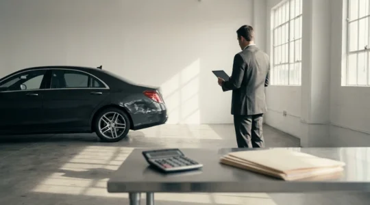 Expert automobile examinant un véhicule accidenté avec documentation et calculatrice pour évaluation des dommages