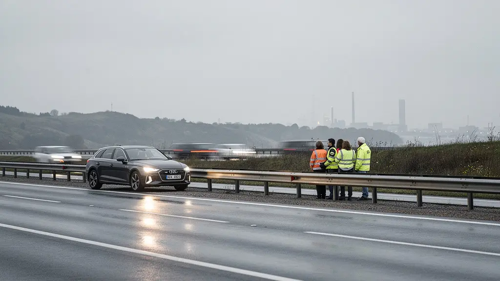 Voiture immobilisée sur la bande d'arrêt d'urgence et passagers regroupés derrière la glissière, loin de la circulation.