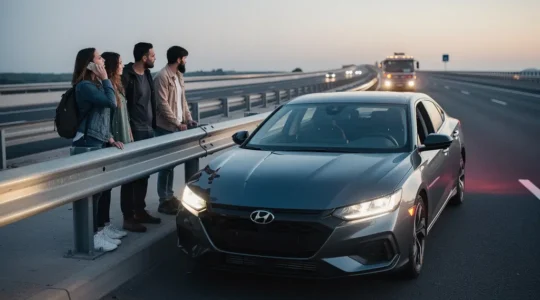 Automobiliste en sécurité derrière une glissière sur autoroute, attendant l'arrivée d'un dépanneur au loin, avec un grand espace vide pour le texte.