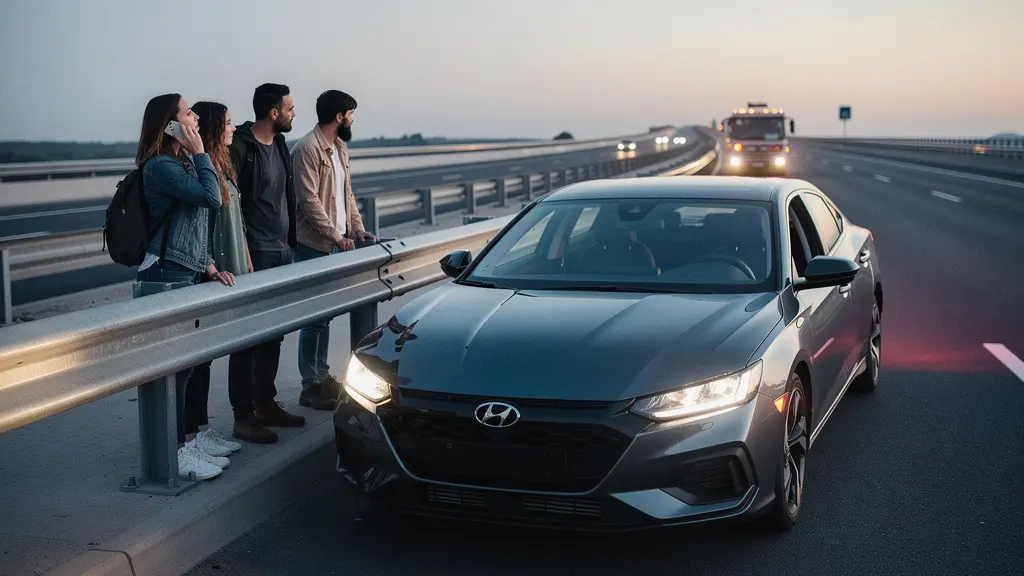 Automobiliste en sécurité derrière une glissière sur autoroute, attendant l'arrivée d'un dépanneur au loin, avec un grand espace vide pour le texte.
