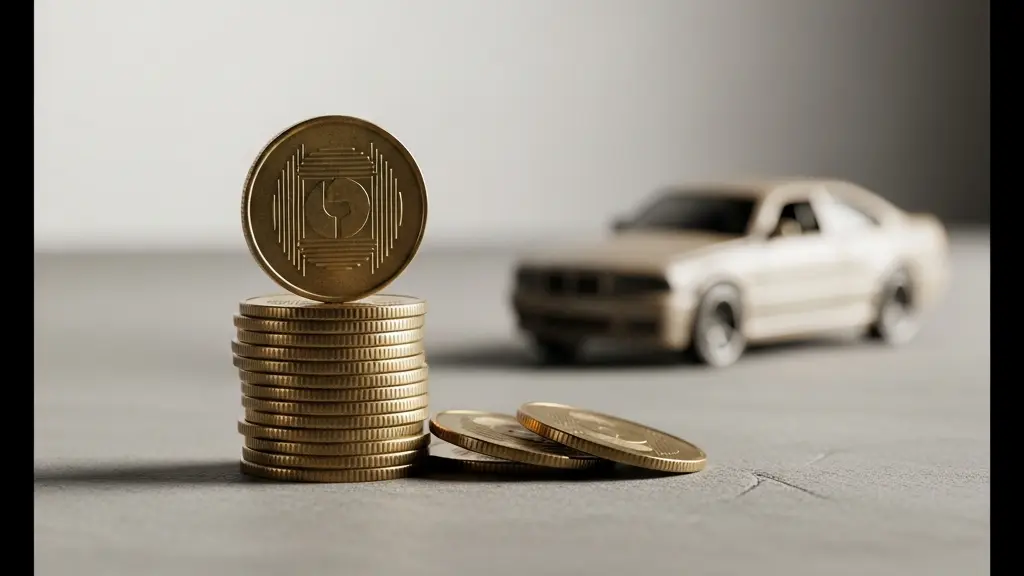 Balance symbolique représentant d'un côté des pièces de monnaie empilées et de l'autre une miniature de voiture, illustrant l'équilibre entre le coût de la prime et la valeur du véhicule