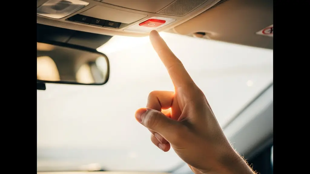 Main appuyant sur le bouton SOS rouge d'un système eCall intégré au plafonnier d'un habitacle automobile, lumière douce naturelle