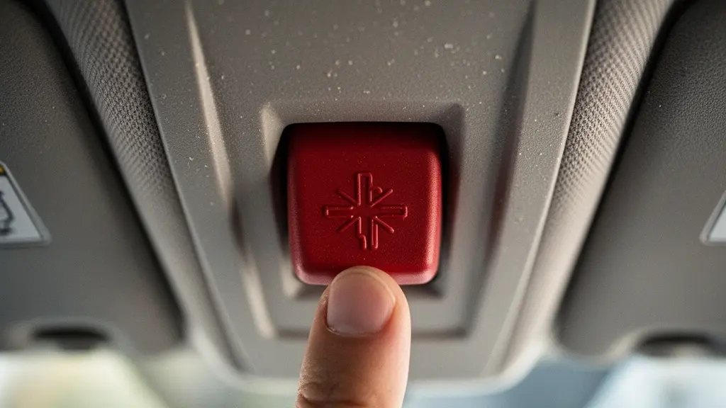 Gros plan macro sur un bouton SOS rouge lumineux au plafond d'un habitacle automobile, éclairé par une douce lumière ambiante