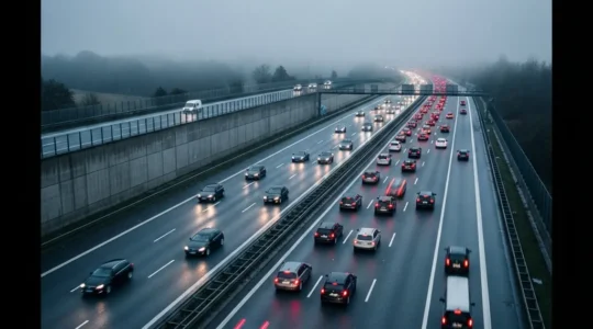 Vue aérienne d'une autoroute à plusieurs voies avec des véhicules ralentissant en file, feux de freinage allumés en cascade dans la brume matinale
