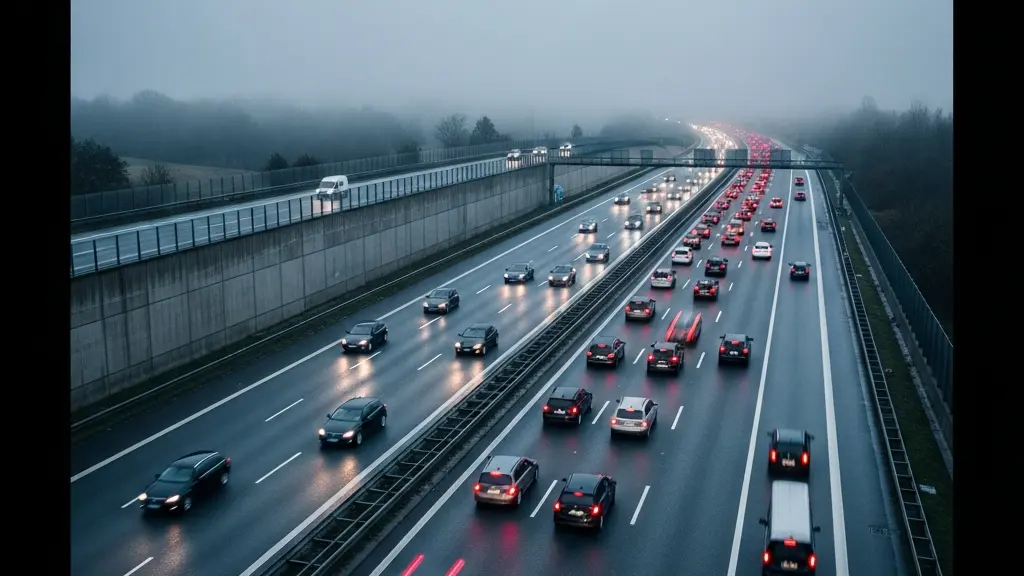Vue aérienne d'une autoroute à plusieurs voies avec des véhicules ralentissant en file, feux de freinage allumés en cascade dans la brume matinale
