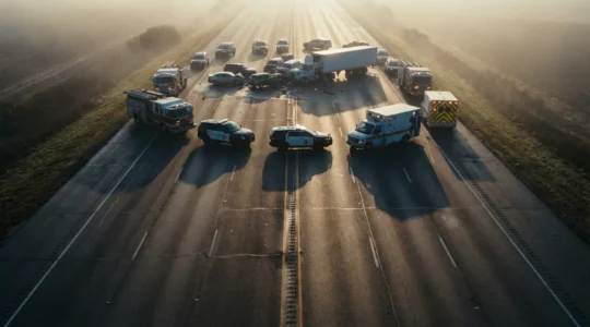 Vue aérienne d'un carambolage sur autoroute avec véhicules d'intervention et zones de sécurité