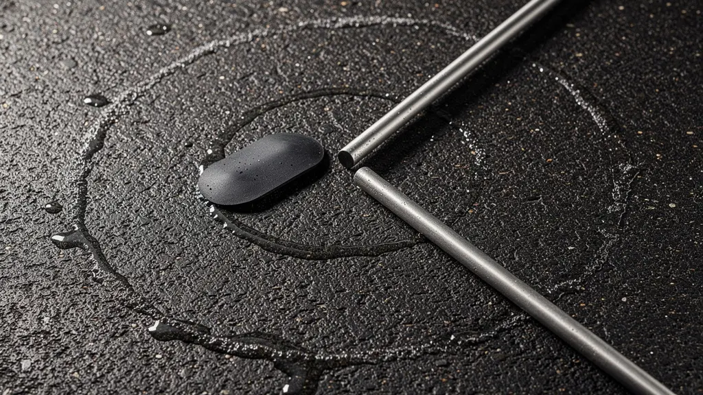 Une scène métaphorique montre une trajectoire courbe sur une surface mouillée, avec un équilibre visuel entre une force de freinage et une force de virage suggérées par des objets sans texte.