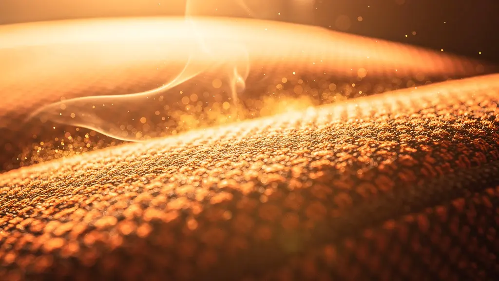 Plan rapproché artistique d'un siège arrière vide baigné par une lumière solaire intense et chaude, suggérant la montée en température.