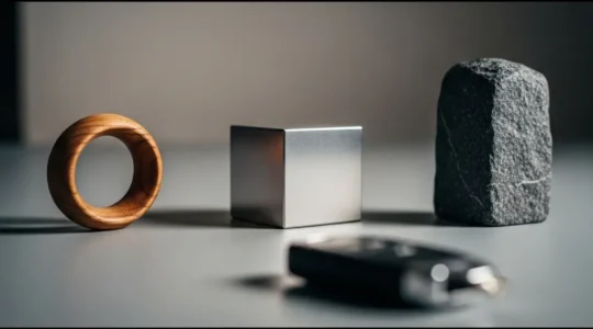 Une personne hésite entre trois options d’assurance auto représentées par des objets neutres, avec une clé de voiture au premier plan et un large espace vide pour le titre.