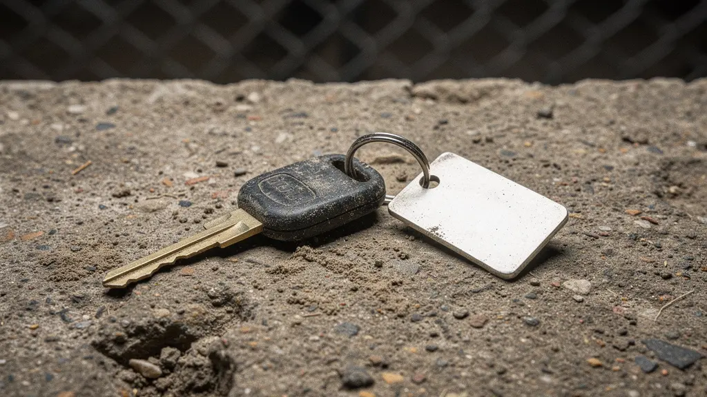 Gros plan d’une clé de voiture poussiéreuse posée sur du béton, évoquant l’attente et les frais de gardiennage.