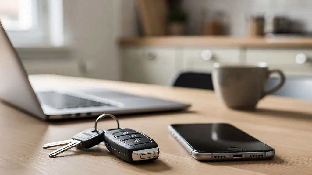 Clés de voiture et smartphone posés près d'un ordinateur portable pour devis auto