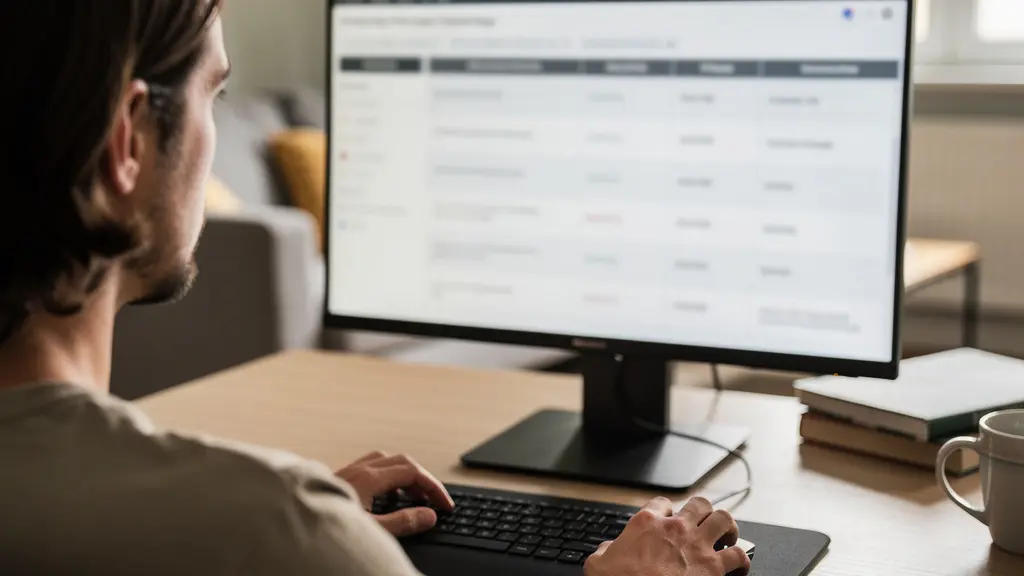 Personne consultant un comparatif d'assurances sur ordinateur dans un salon