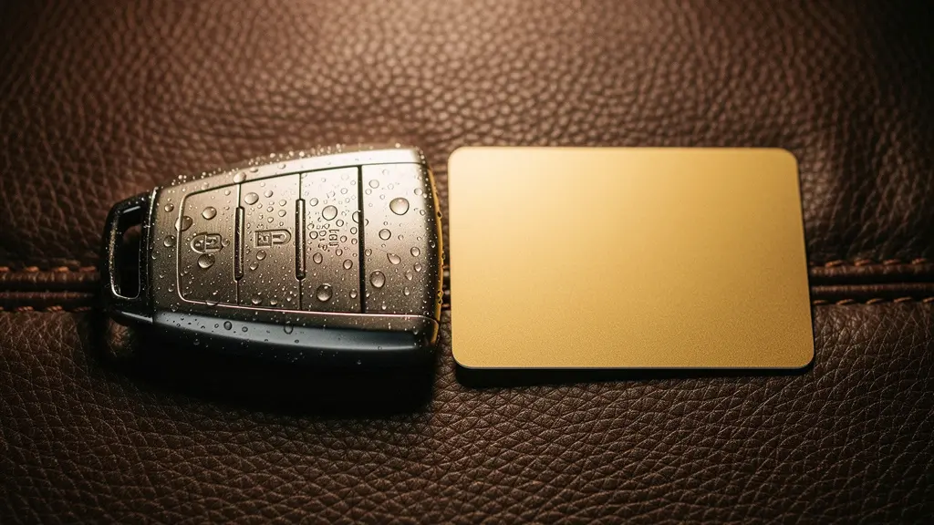 Gros plan sur une clé de voiture et une carte bancaire dorée posées côte à côte sur une surface en cuir, symbolisant le choix entre deux couvertures d'assistance
