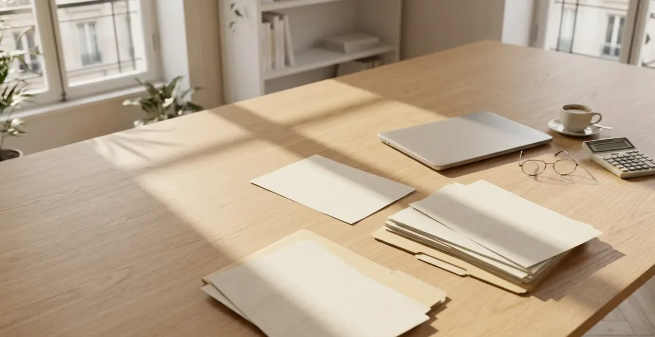 Parent consultant des documents d'assurance avec une calculatrice sur une table en bois