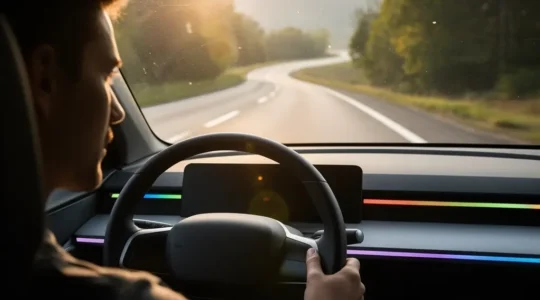 Conducteur au volant regardant loin devant avec une posture attentive sur une route