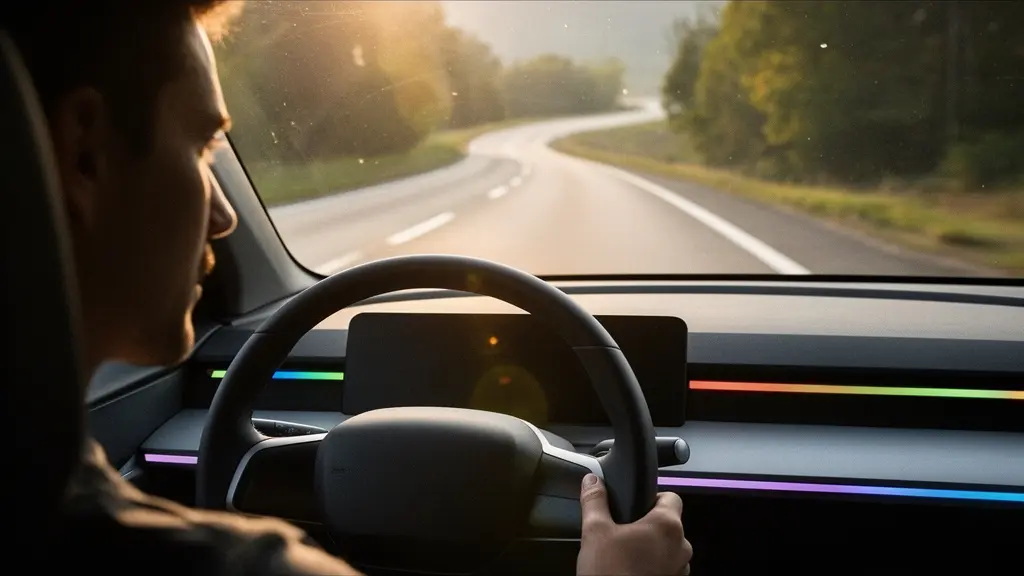 Conducteur au volant regardant loin devant avec une posture attentive sur une route
