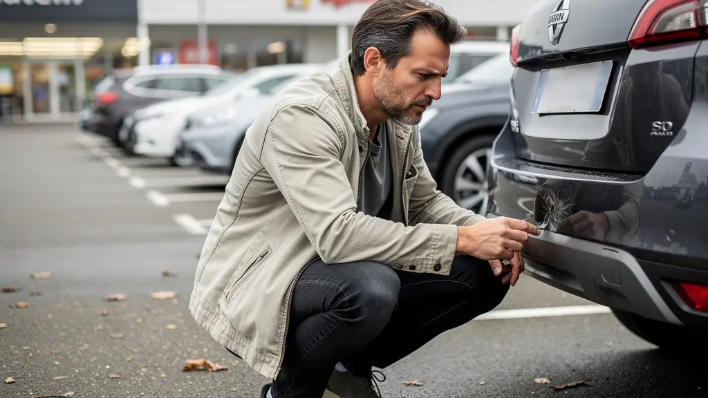 Conducteur constatant un dommage mineur sur le pare-chocs de son véhicule