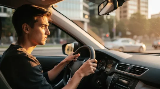 Jeune conducteur au volant de sa voiture lors d'un trajet matinal vers son job d'été, avec un paysage urbain estival en arrière-plan