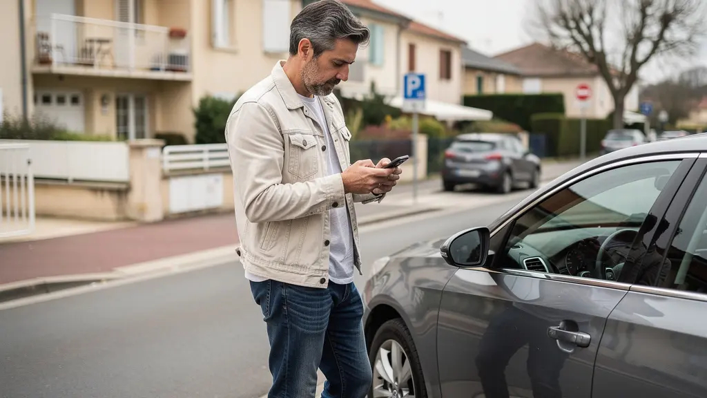 Conducteur vérifiant informations sur smartphone devant son véhicule pour devis auto