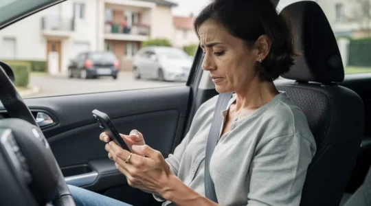 Conductrice consultant son smartphone pour comparer les assurances auto