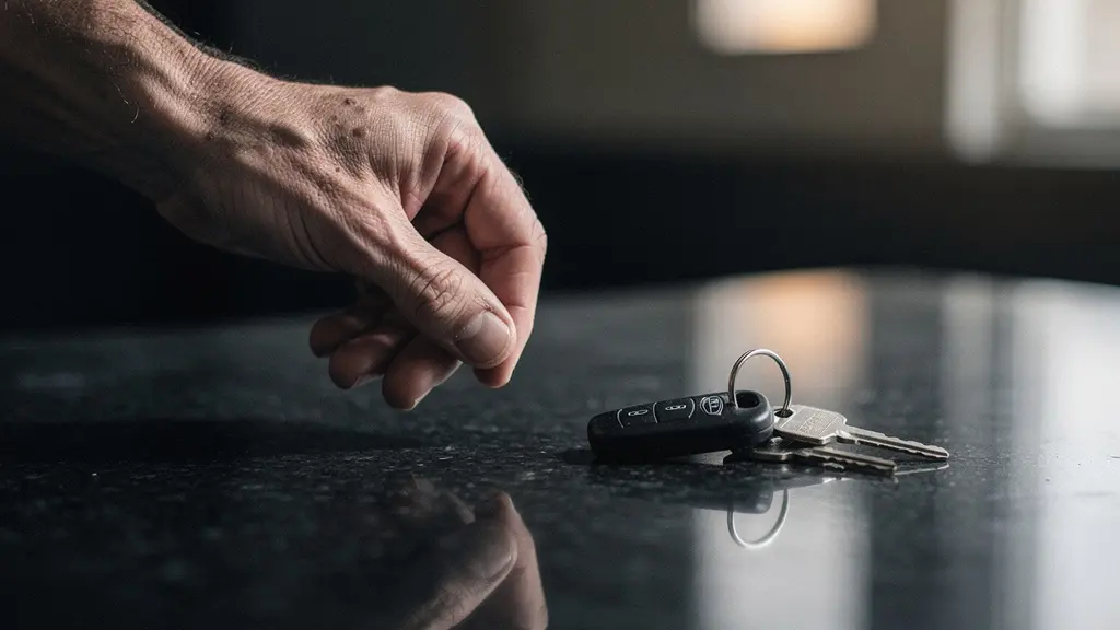 Main d'une personne tenant des clés de voiture au-dessus d'un comptoir sombre, symbolisant le risque de confiscation du véhicule pour conduite sans assurance
