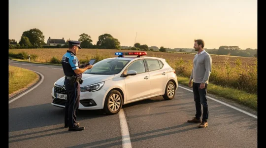 Contrôle routier moderne avec agent vérifiant l'assurance d'un véhicule via tablette numérique