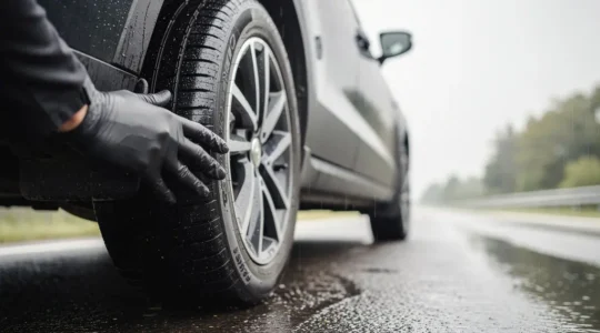 Gros plan réaliste d’un pneu sur route mouillée avec une main qui vérifie la sculpture, dans une ambiance de pluie, sans aucun texte ni logo.