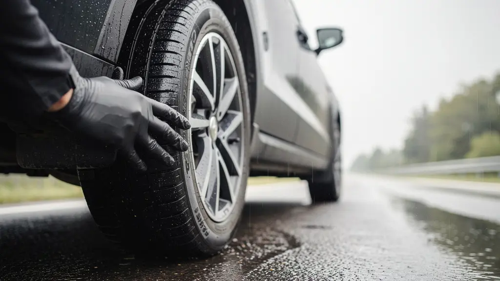 Gros plan réaliste d’un pneu sur route mouillée avec une main qui vérifie la sculpture, dans une ambiance de pluie, sans aucun texte ni logo.