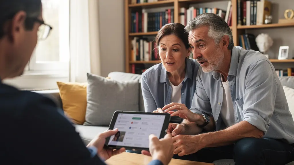 Couple français comparant les formules d'assurance auto sur tablette dans leur salon