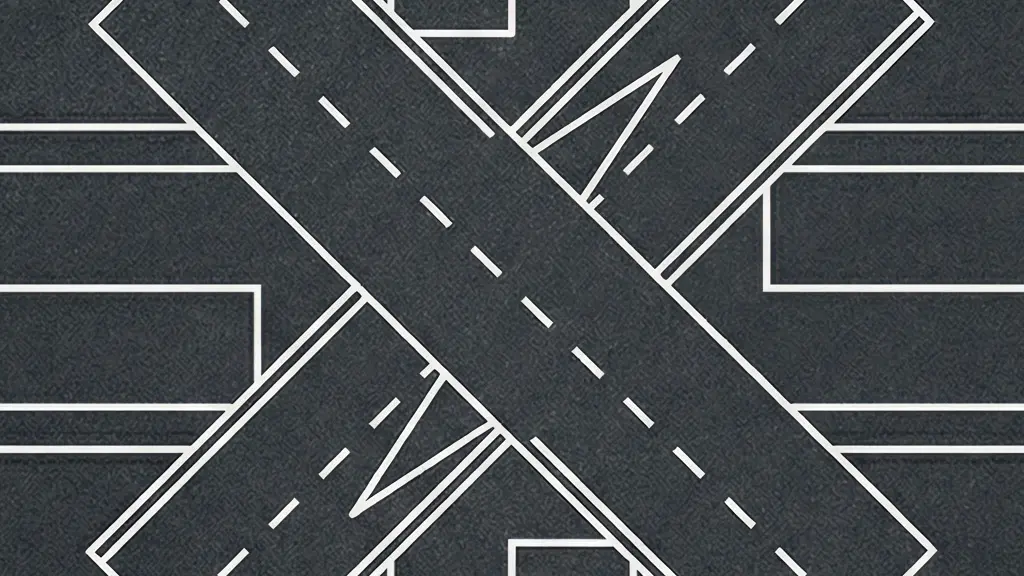 Représentation schématique minimaliste d'un carrefour routier vue de dessus, style architectural blueprint sur fond sombre.
