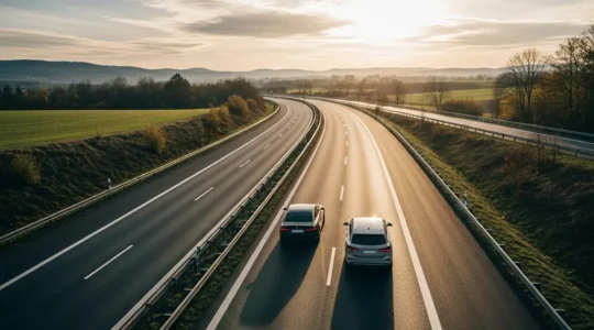 Vue en perspective d'une autoroute avec un espace de sécurité visible entre deux véhicules, lumière naturelle de fin de journée