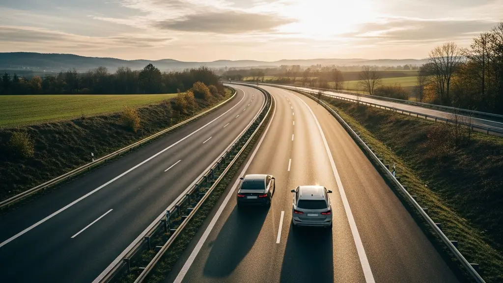 Vue en perspective d'une autoroute avec un espace de sécurité visible entre deux véhicules, lumière naturelle de fin de journée