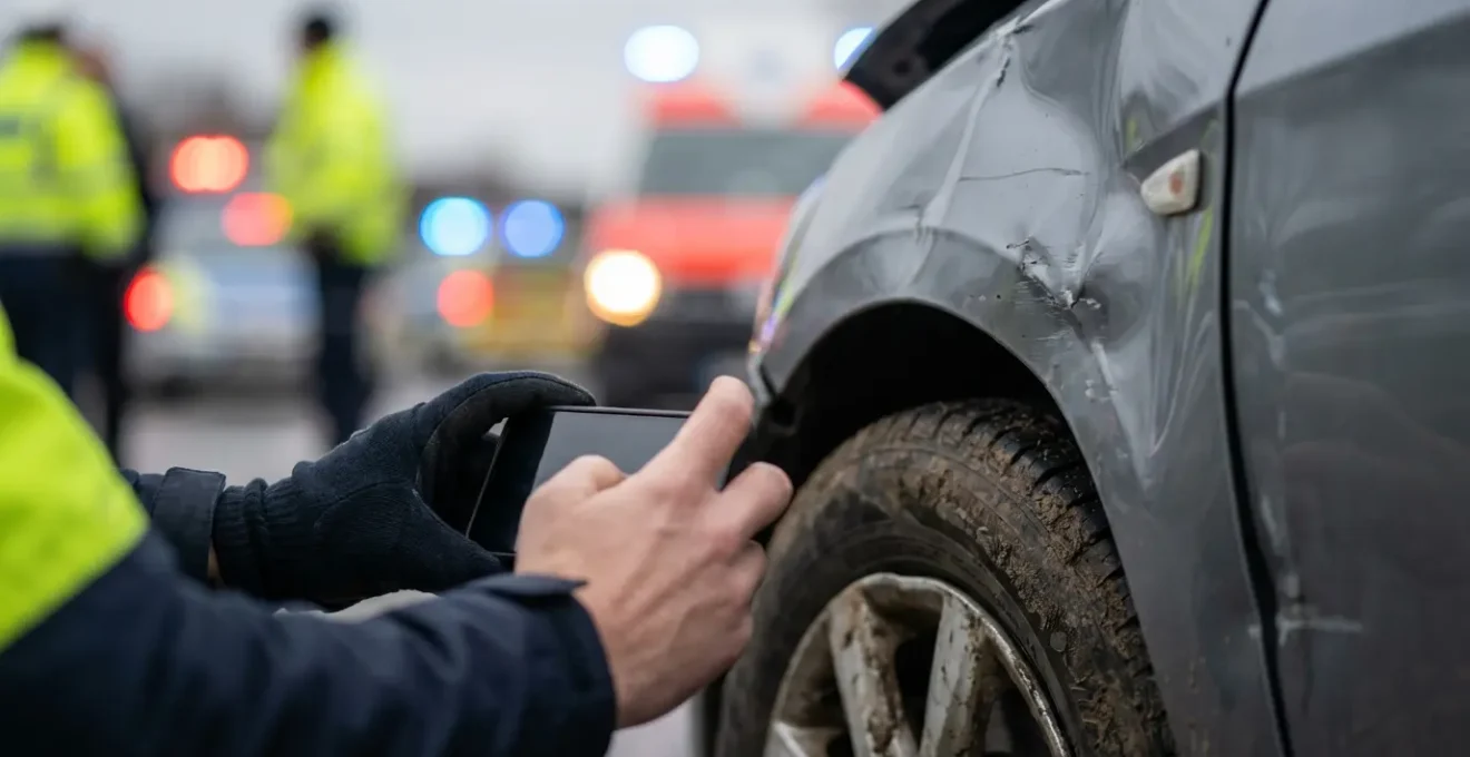 Scène de collecte méthodique de preuves après un accident automobile