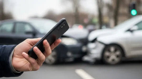 Smartphone tenu en main sur le bord d'une route apres un accrochage automobile, symbolisant la declaration numerique rapide d'un sinistre auto