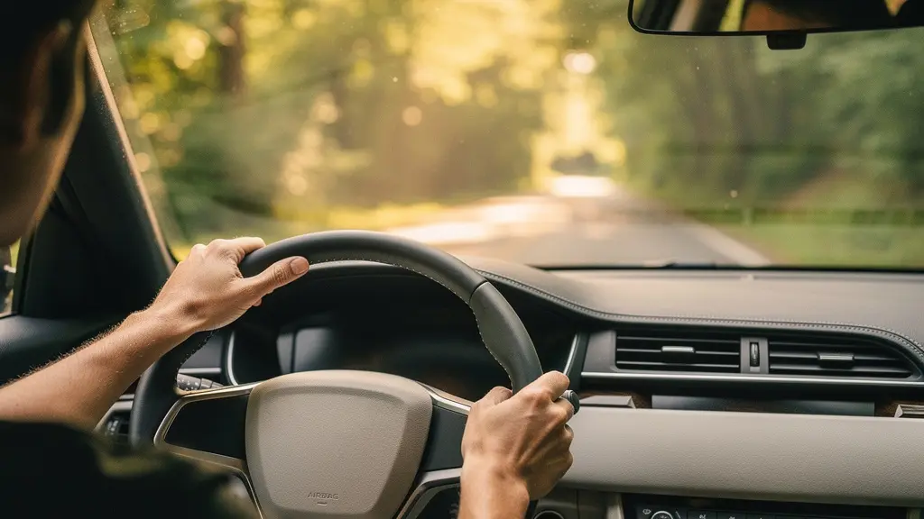 Vue intérieure d'une voiture avec les mains d'un conducteur sur le volant, baignée de lumière naturelle, symbolisant une conduite sereine et économique.