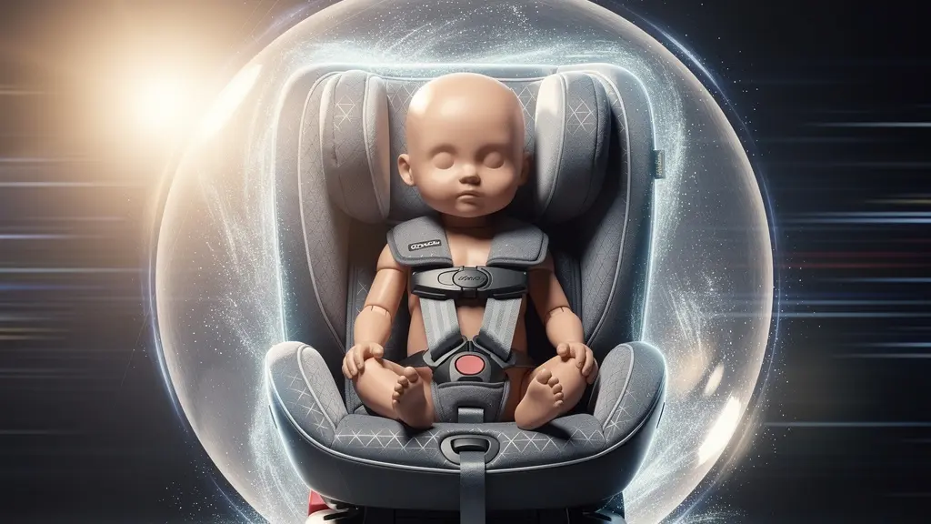 Enfant installé dos à la route dans un siège auto moderne, symbolisant un cocon de protection.