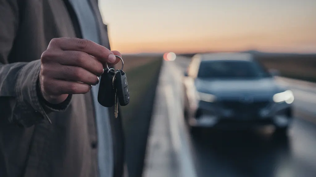 Main d'un conducteur tenant des clés de voiture face à une route déserte au crépuscule, symbolisant le choix d'un assureur fiable avant de prendre la route