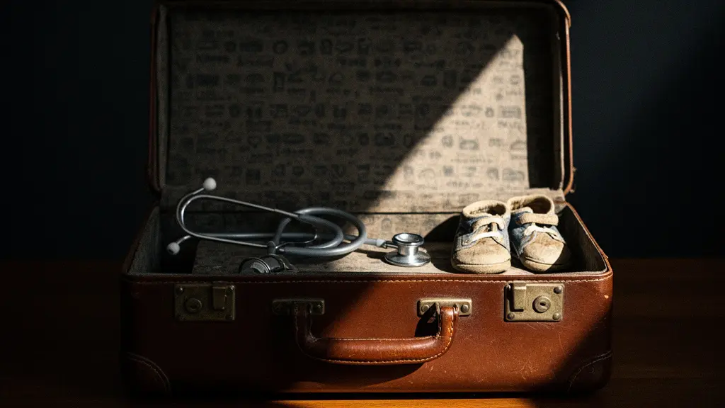 Valise ouverte au premier plan avec un passeport flou et un stéthoscope, symbolisant le risque d'exclusion d'assurance lors d'un voyage à risque médical