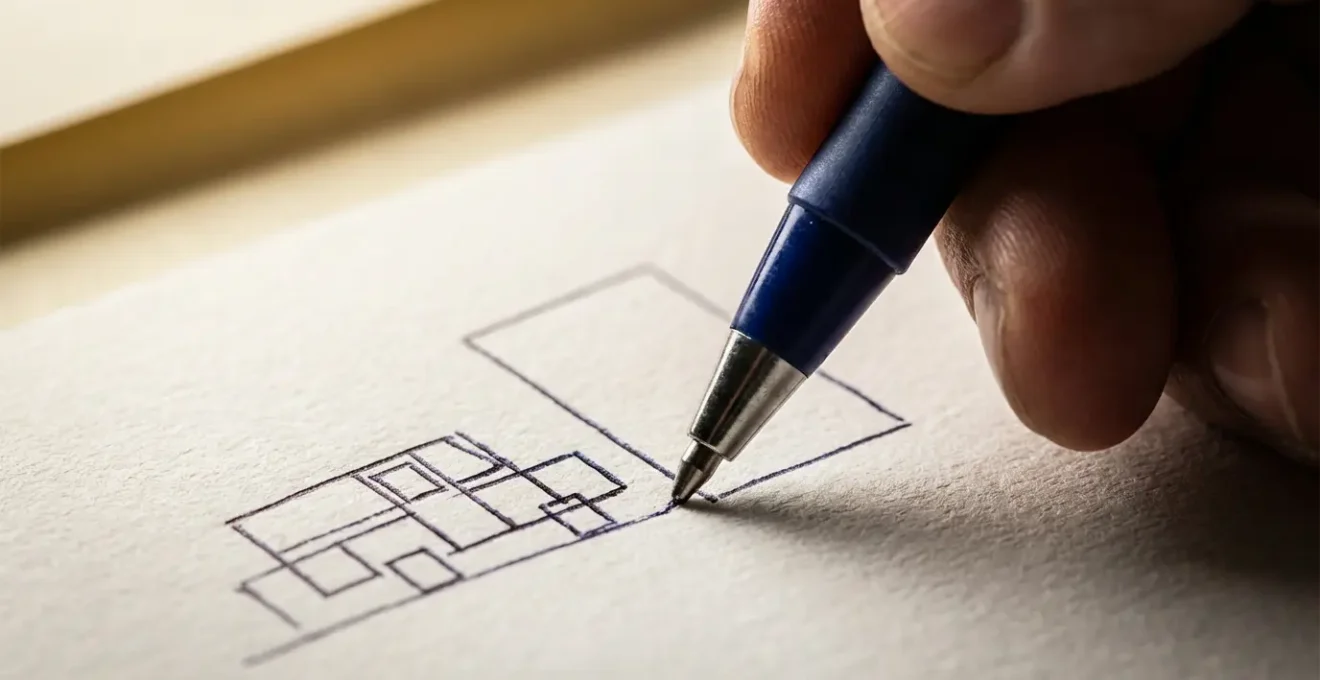 Main dessinant un croquis d'accident sur un constat amiable avec position du véhicule et de l'obstacle