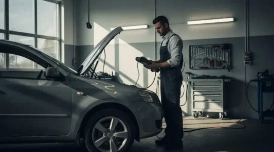Expert automobile examinant un véhicule après un sinistre pour évaluation des dommages