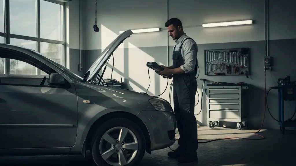 Expert automobile examinant un véhicule après un sinistre pour évaluation des dommages