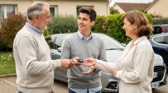 Famille française échangeant des clés de voiture devant véhicule familial en zone résidentielle