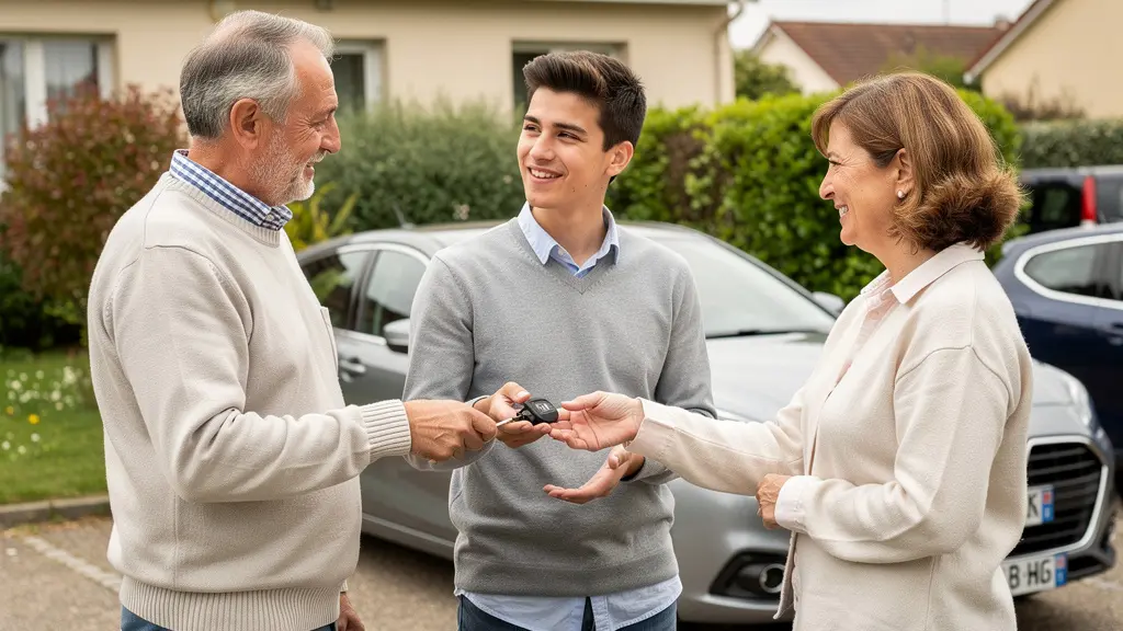 Famille française échangeant des clés de voiture devant véhicule familial en zone résidentielle